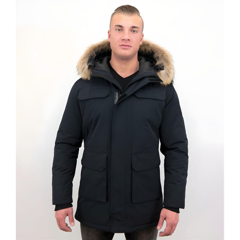 Parka Heren Winterjas Met Grote Echte Bontkraag Blauw
