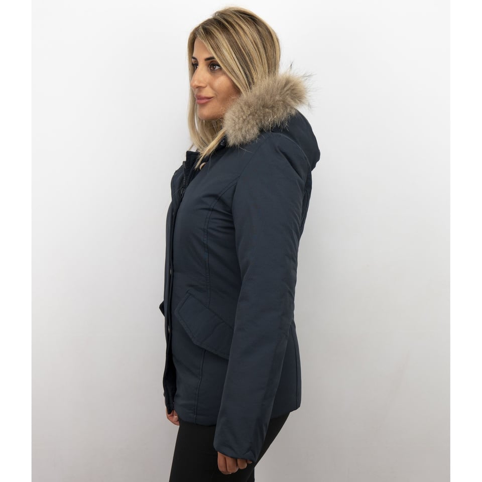 Bontjassen - Dames Winterjas Kleine Bontkraag - Blauw