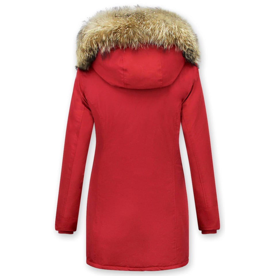 Bontjassen - Dames Winterjas Wooly Lang - Bontkraag - Parka - Rood