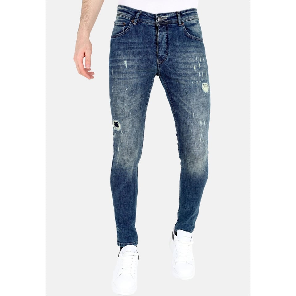 Blauwe Slim Fit Jeans Met Scheuren Heren -MM118- Blauw