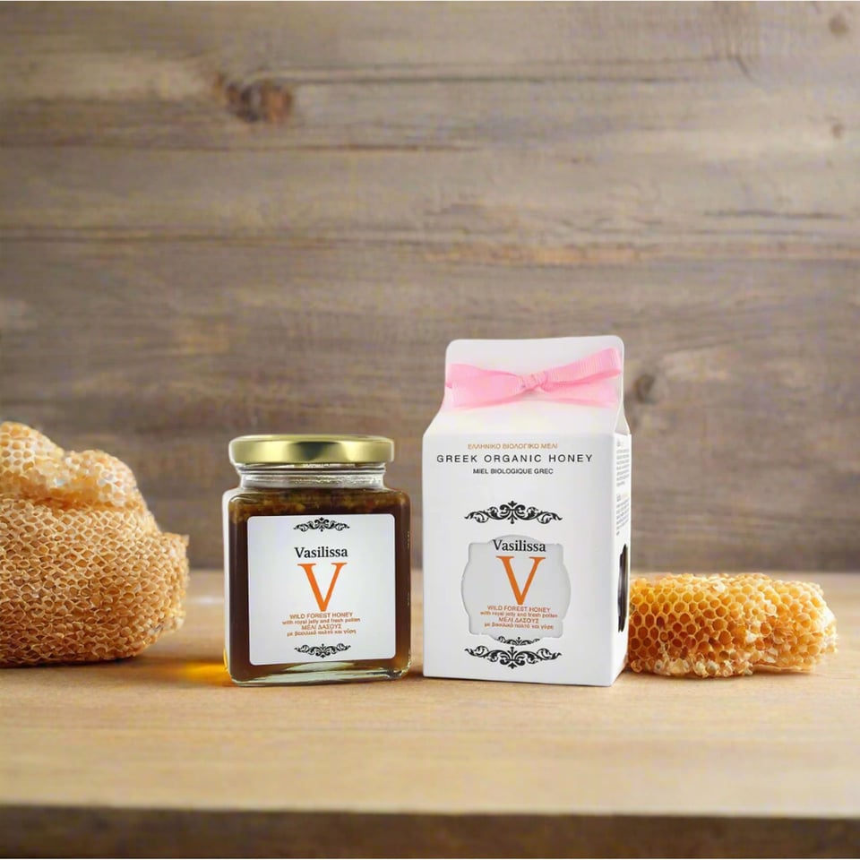 Biologische honing met koninginnebrij  (Royal Jelly) en stuifmeel Griekenland 250g Vasilissa (vloeibaar) - 250g