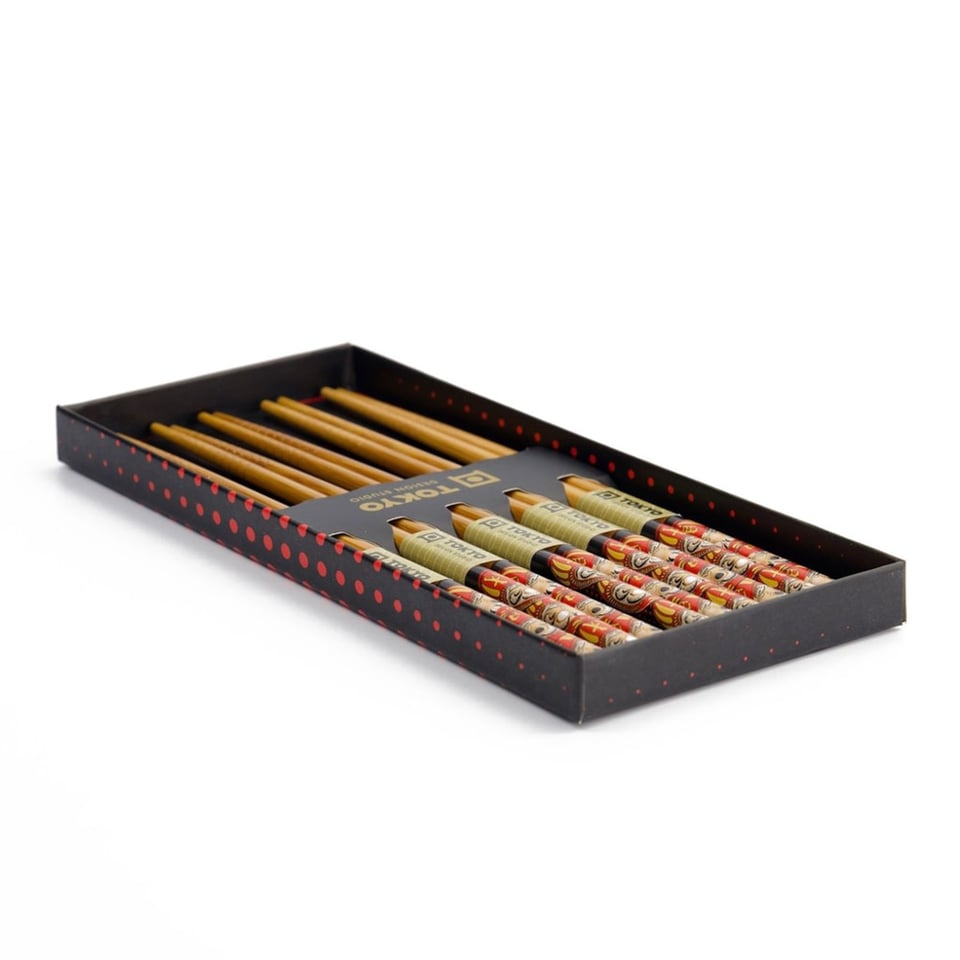 Eetstokjes Daruma Rood-Zwart Set 5 in Cadeau Doos