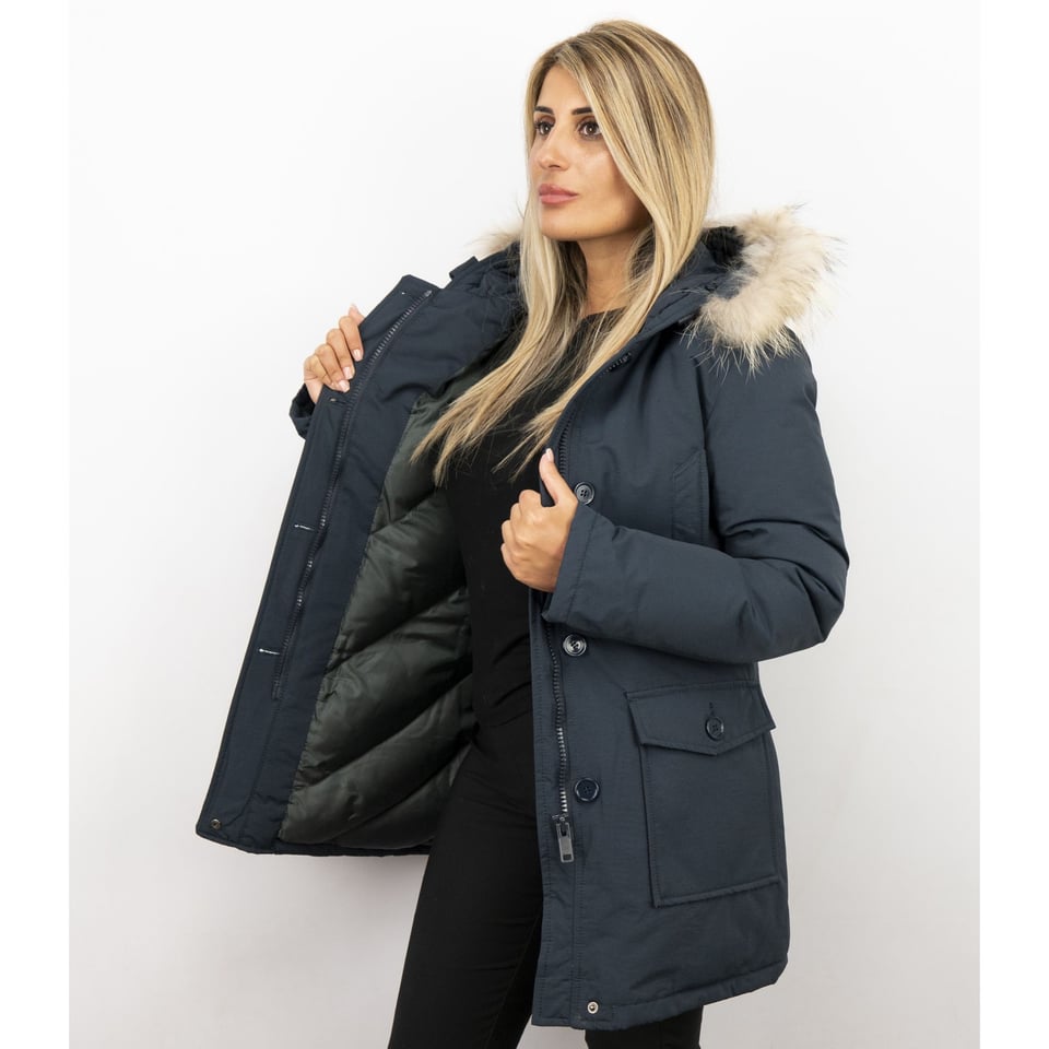 Bontjassen - Dames Winterjas Wooly Lang - Bontkraag - Parka Steekzakken - Blauw