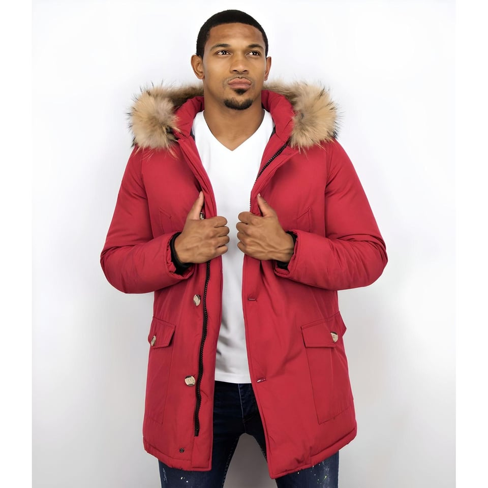 Parka Jas Heren Met Bontkraag Rood