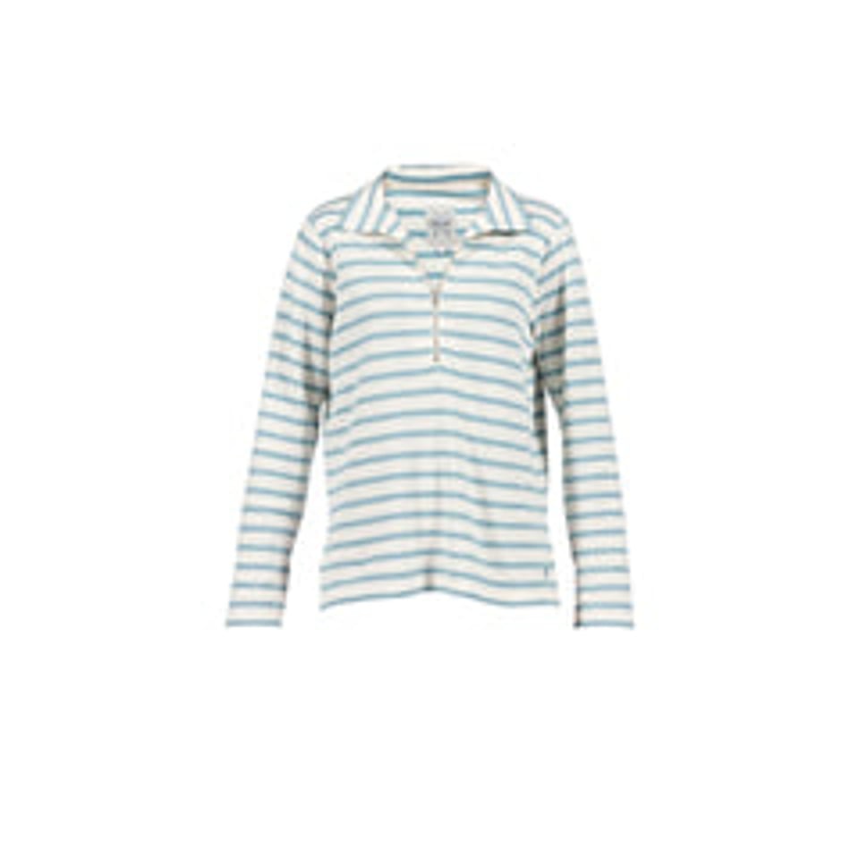 BLUE BARBARA STRIPED 1/2 ZIP POLO SWEATER - ECRU/SEA / M