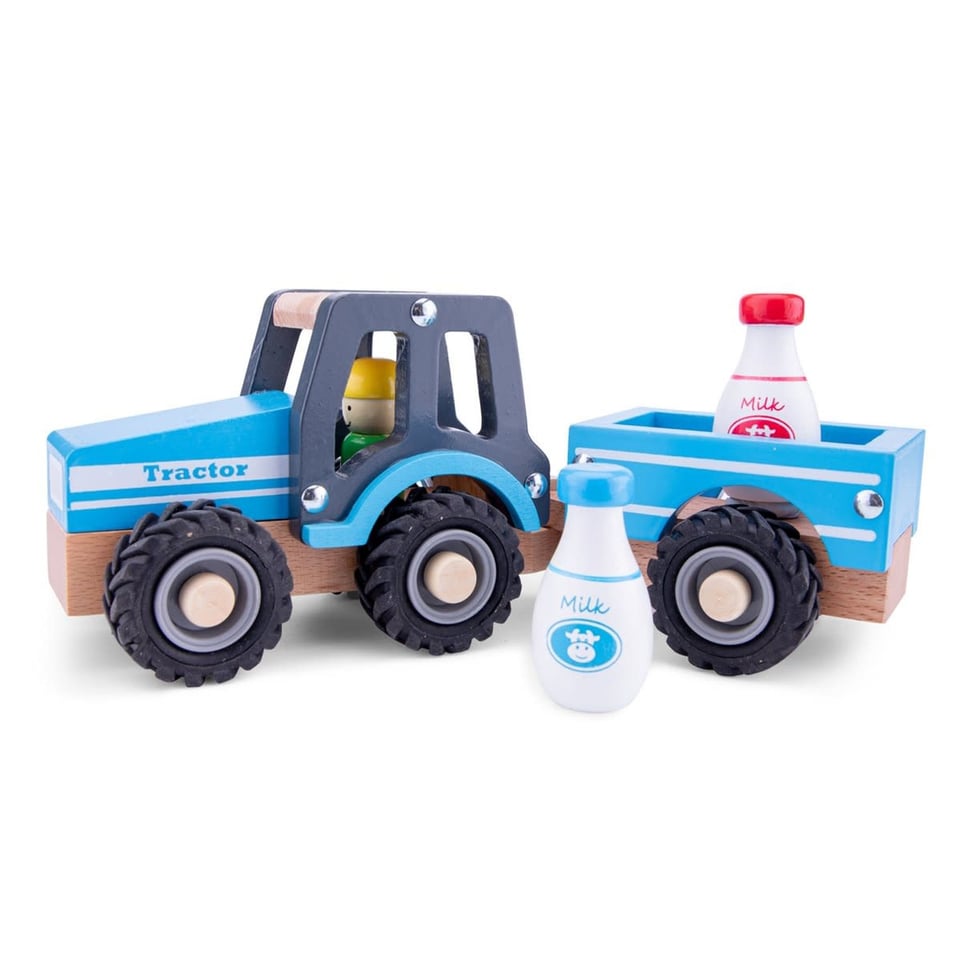 New Classic Toys Houten Tractor Met Aanhanger en Melkbussen +18 Mnd