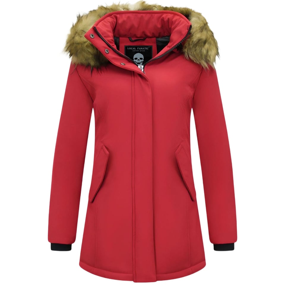 Dames Winterjas Met Imitatie Bontkraag - Slim Fit - Rood