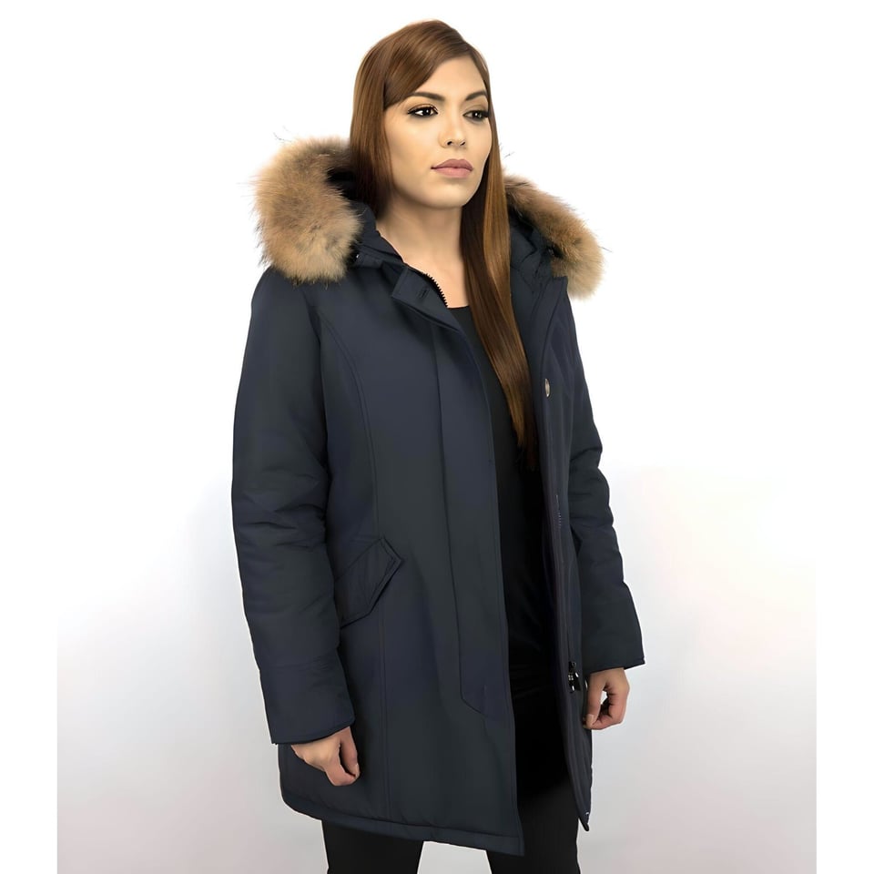 Parka Jas Dames Met Bontkraag Blauw