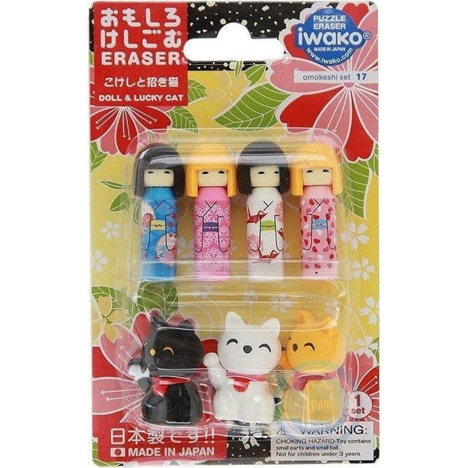 Iwako Puzzle Eraser Kokeshi & Lucky Cat Set 3+