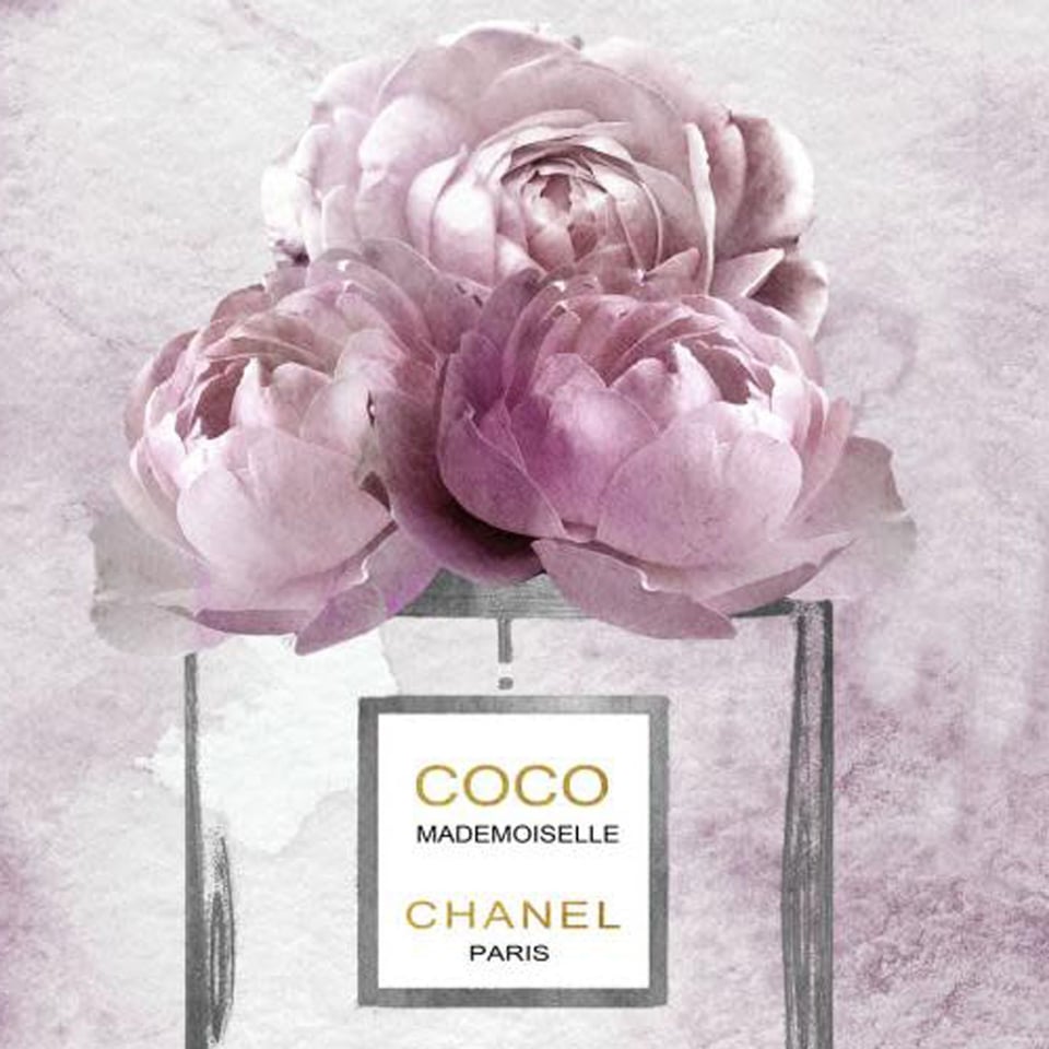 Glasschilderij Chanel Parfum Roze Bloemen 60x80cm