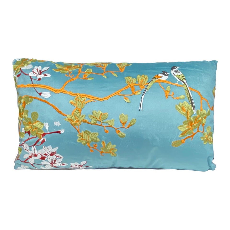 Sierkussen Vogels Op Tak Licht Blauw Velours 60x35cm