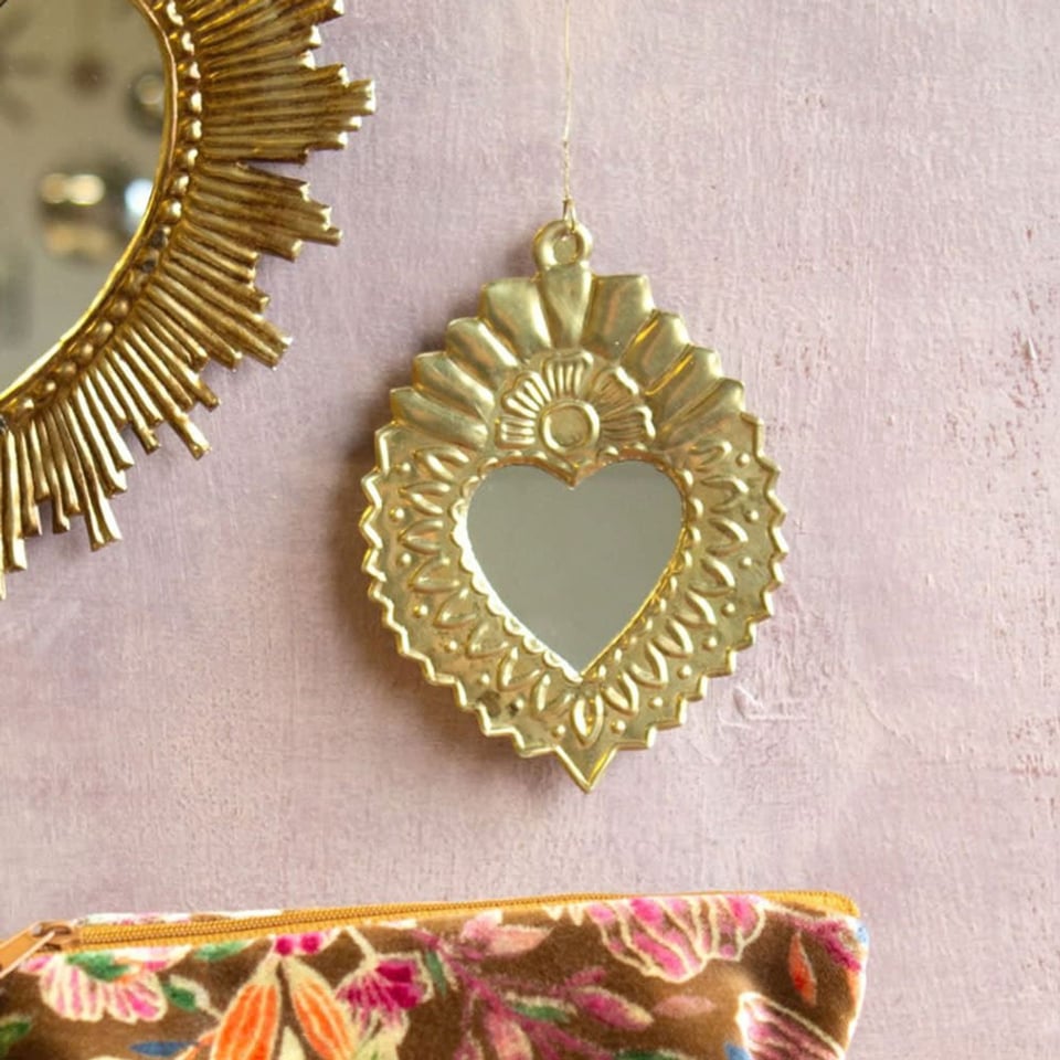 Spiegeltje Mini Hart Met Bloem Antiek Goud 11x15cm