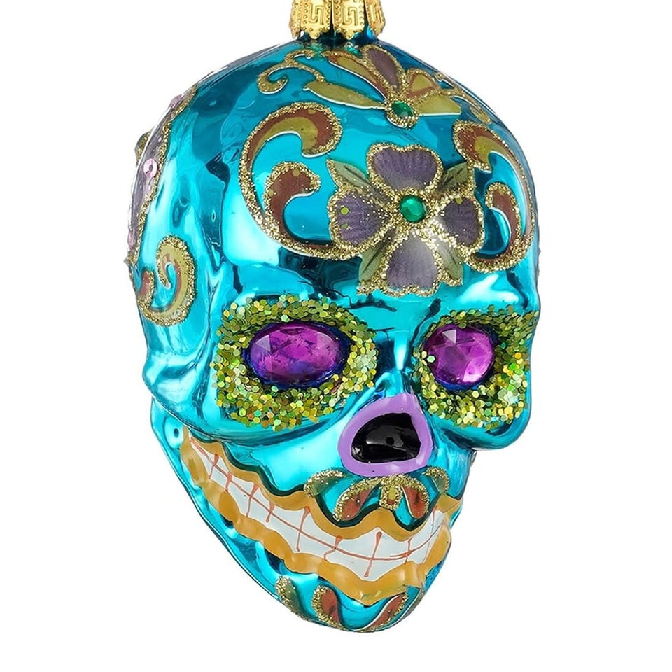 Kerstbal Skull Multicolor Blauw Glas 6x9x7cm Met Glitters