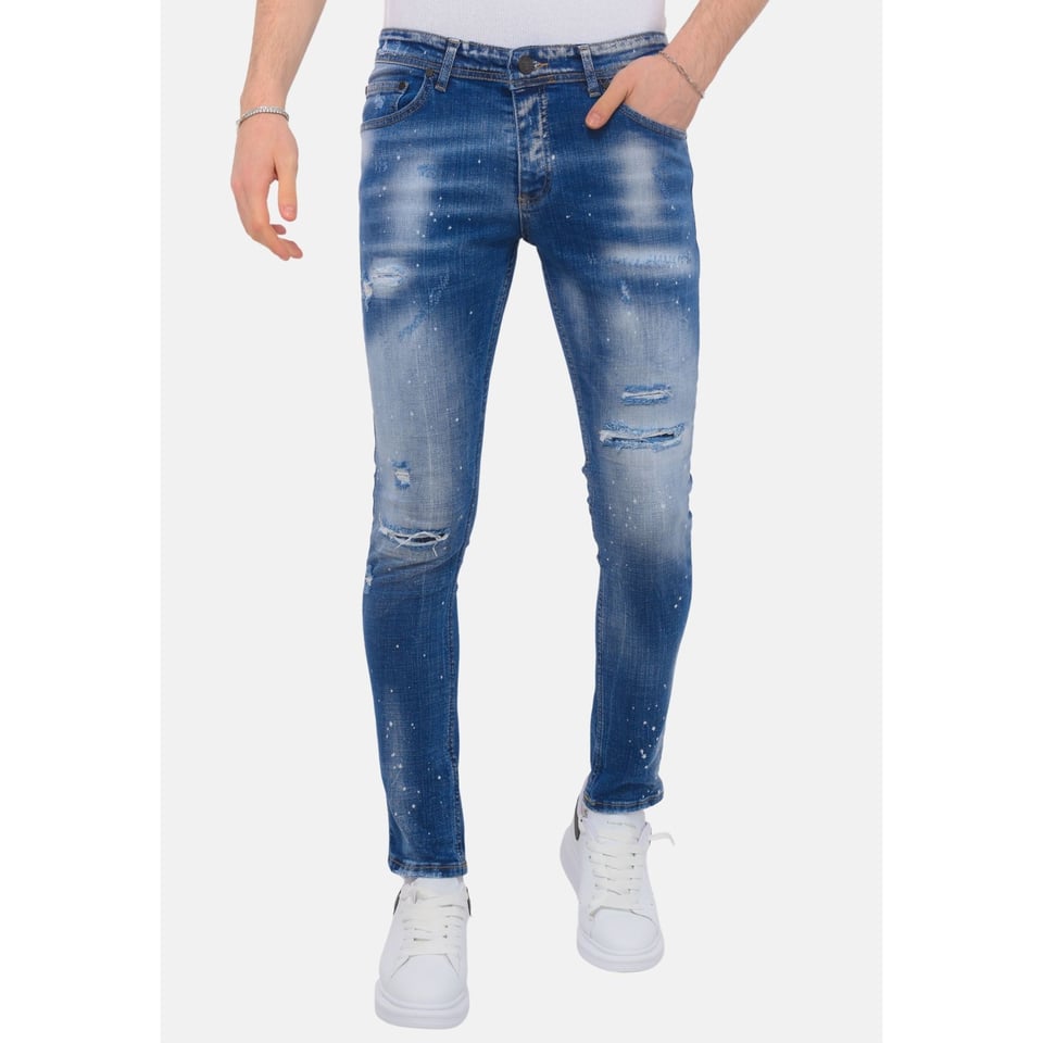 Blue Ripped Stretch Jeans Heren - Slim Fit -1080- Blauw