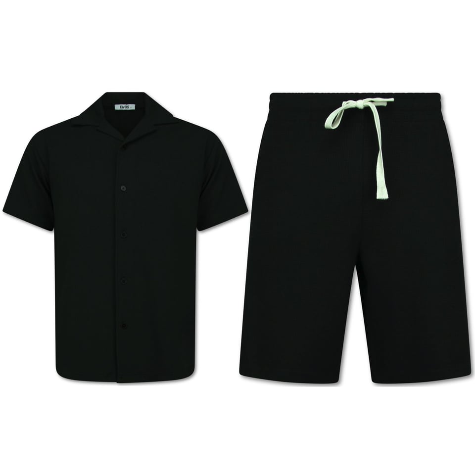 Twinset - Ribbed Oversized Shirt - Zomerset Heren - Two Piece Setje - Co Ord Set - F-915 - Zwart