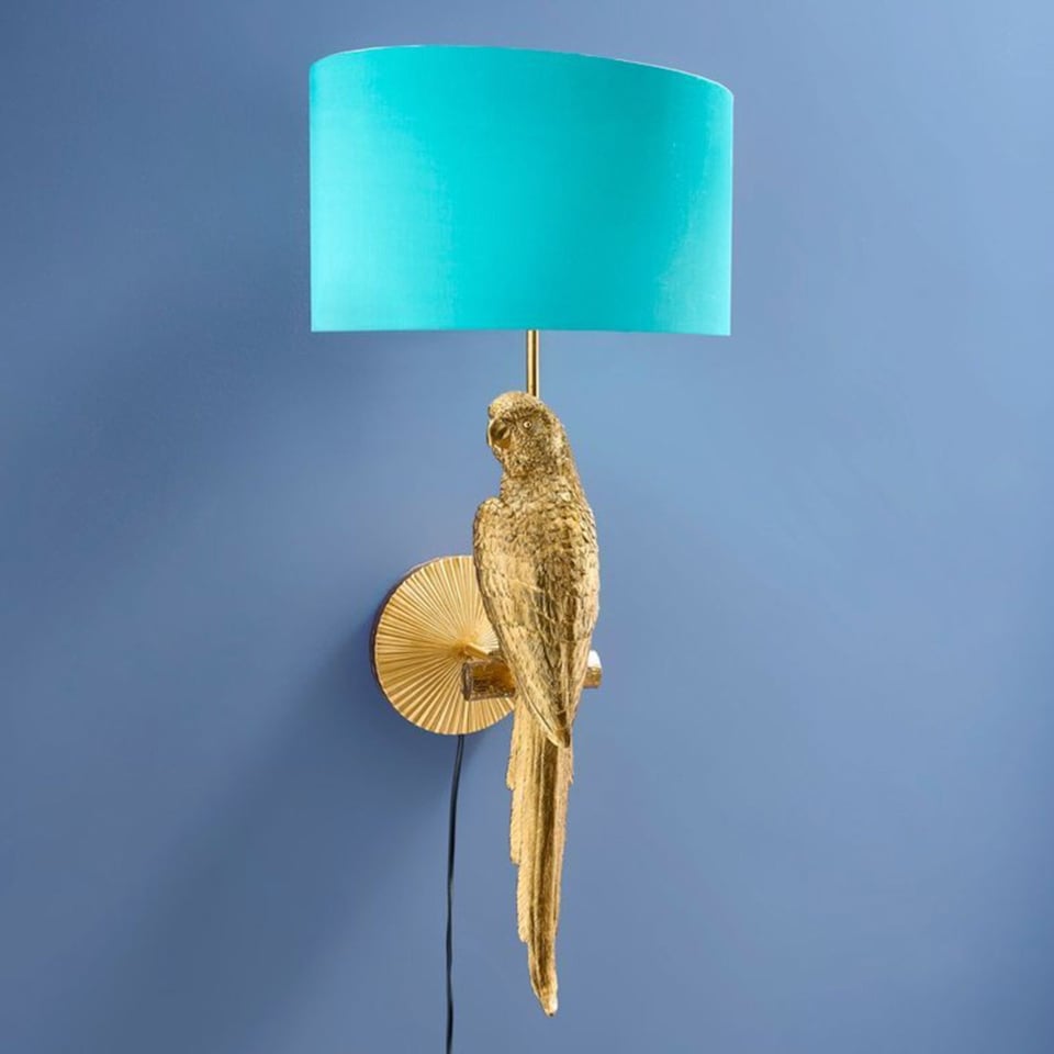 Wand Lamp Percy Links Papegaai Goud + Turquoise Kap 33x70cm Set