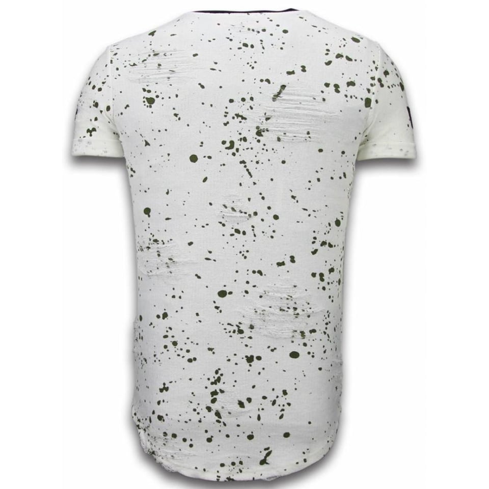 Paint Drops Army Shirt - Long Fit T-Shirt Green Dotted - Wit