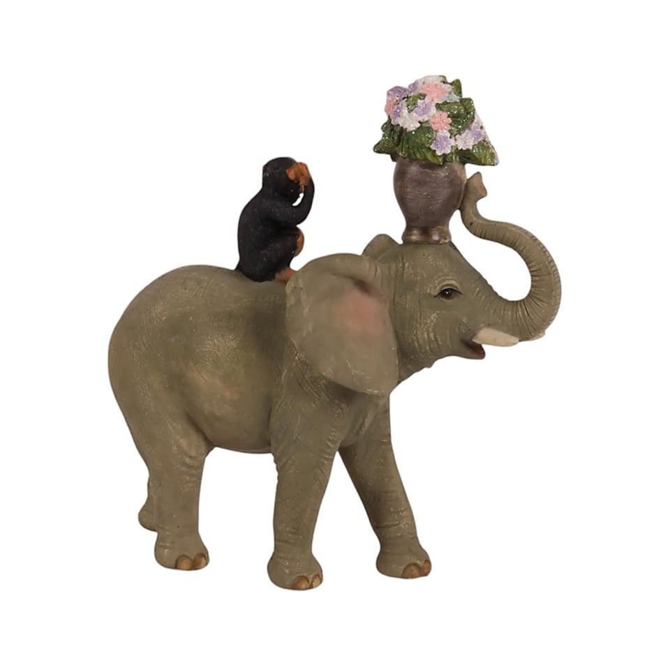 Beeldje Olifant en Aapje Met Bloemen Multicolor 18x18cm