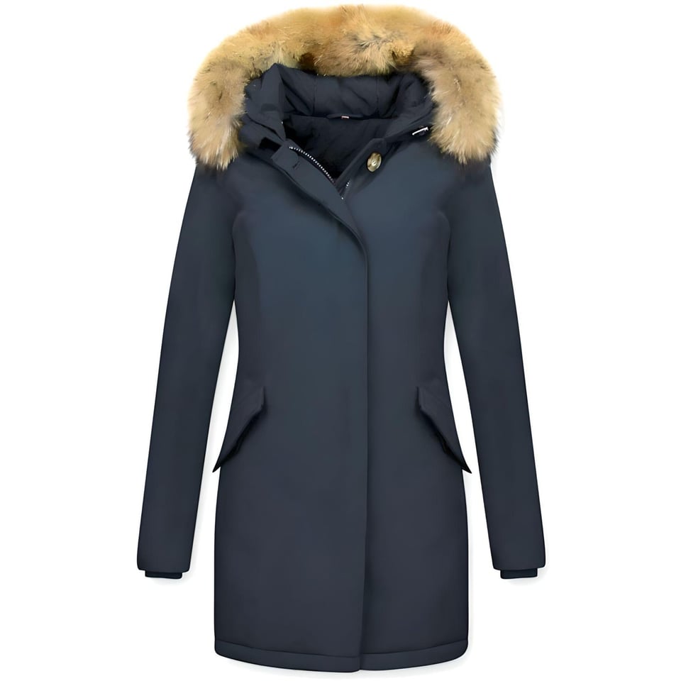 Blauwe Winterjas Dames Met Bontkraag - Vrouwen Parka Jas