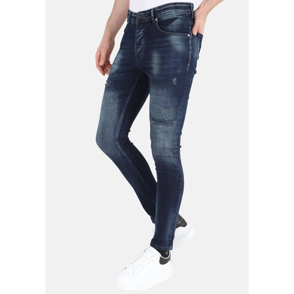 Donkerblauwe Stonewash Jeans Met Gaten Strech -MM120