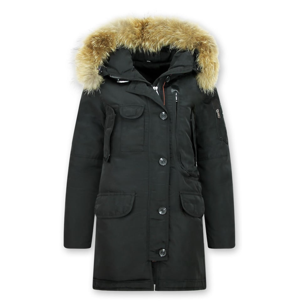 Lange Parka Winterjas Dames Met Bontkraag Zwart