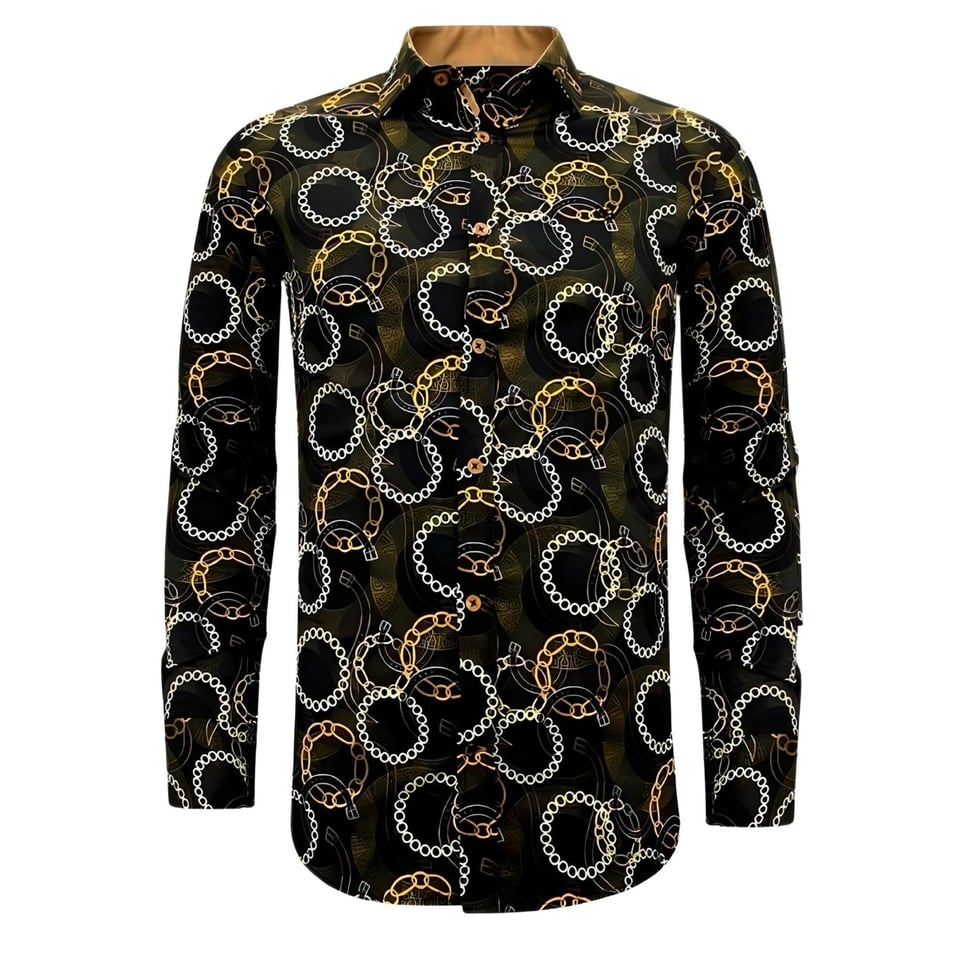 Luxe Satijn Overhemd Heren Print - 3078NW - Zwart / Bruin