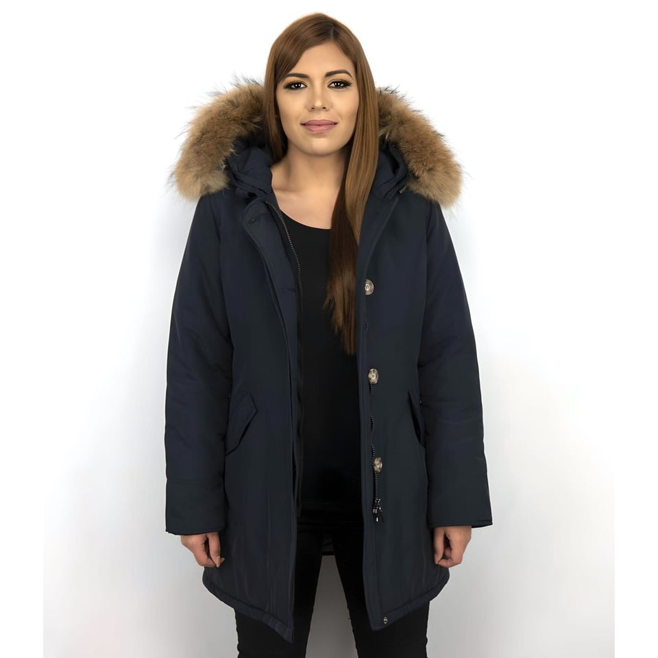 Parka Jas Dames Met Bontkraag Blauw