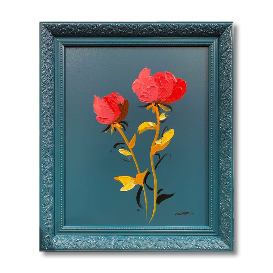 Schilderij Roze Bloemen in Petrol Sierlijst 50x60cm Handgeschilderd