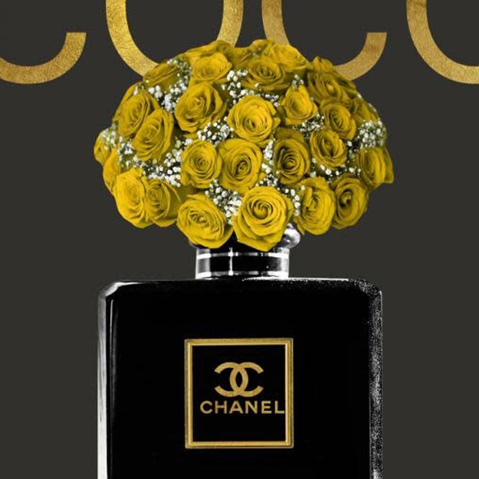 Glasschilderij Chanel Parfum Gele Bloemen 60x80cm