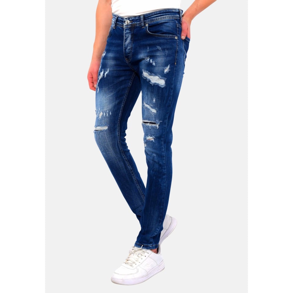 Heren Blauwe Slim Fit Jeans Met Gaten -DC-047