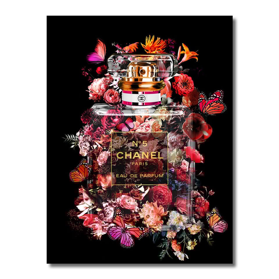 Glasschilderij Chanel Nr5 Rode Bloemen 60x80cm Goudfolie
