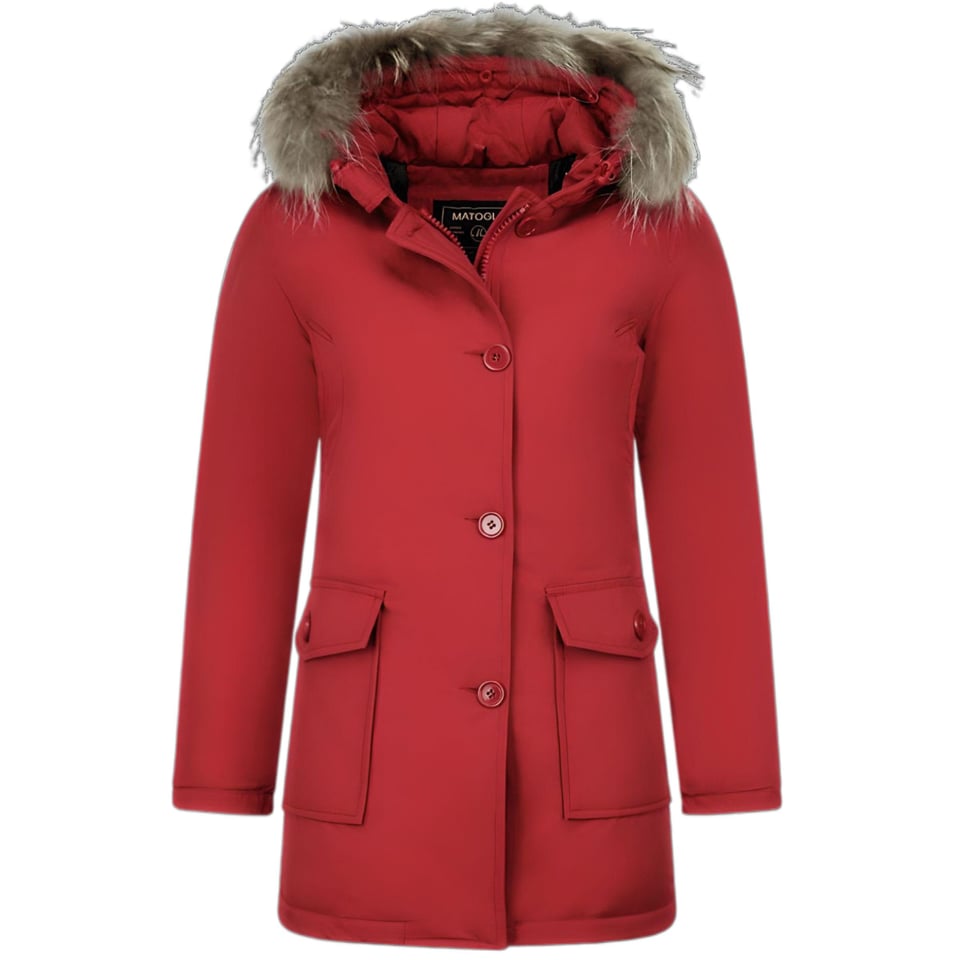 NepBontjassen - Dames Winterjas Wooly Lang - NepBontkraag - Parka Steekzakken - 5692A - Rood