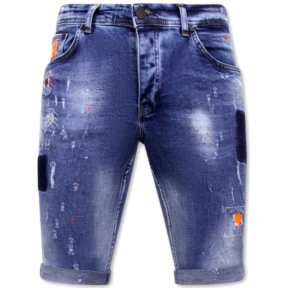 Korte Skinny Broek Met Verfspatten Heren -1008-SH- Blauw