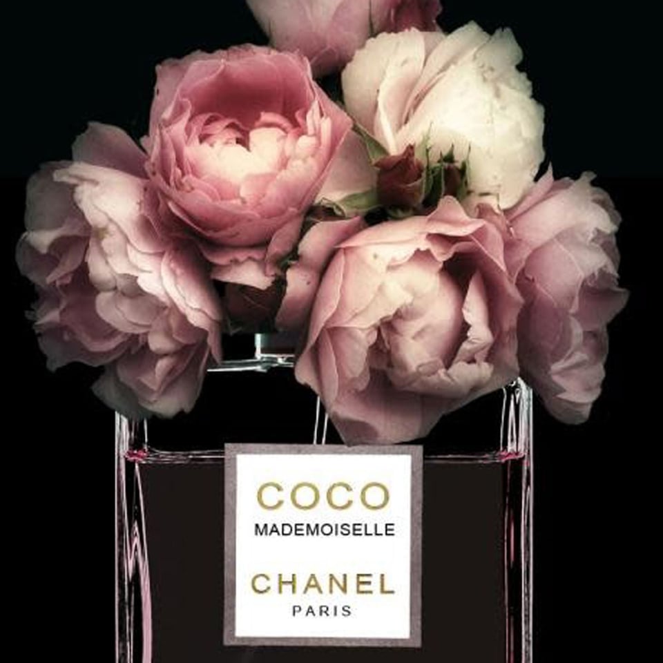 Glasschilderij Coco Chanel Parfum Bloemen 60x80cm