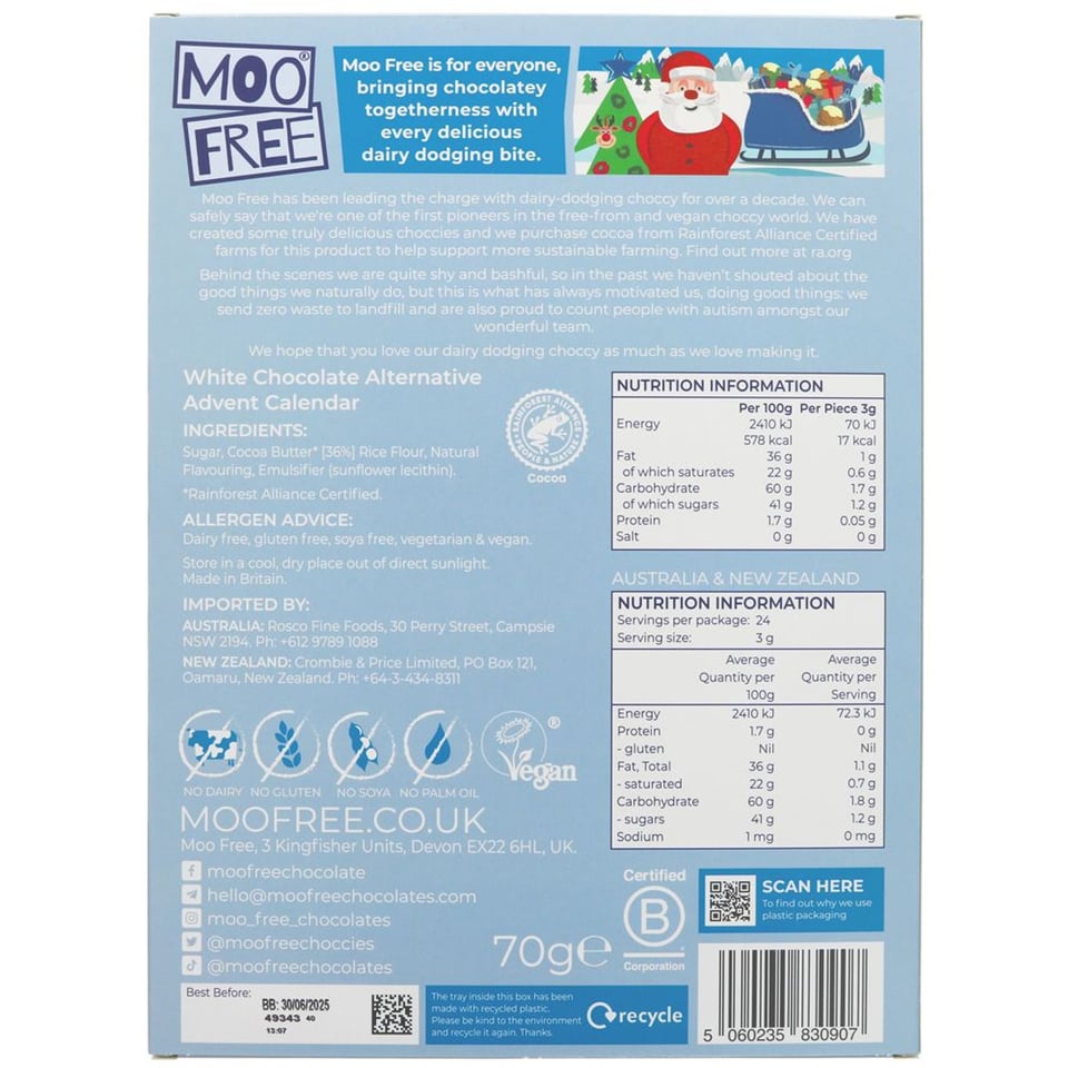 Moo Free Advent Calendar Kid White Choc 70g