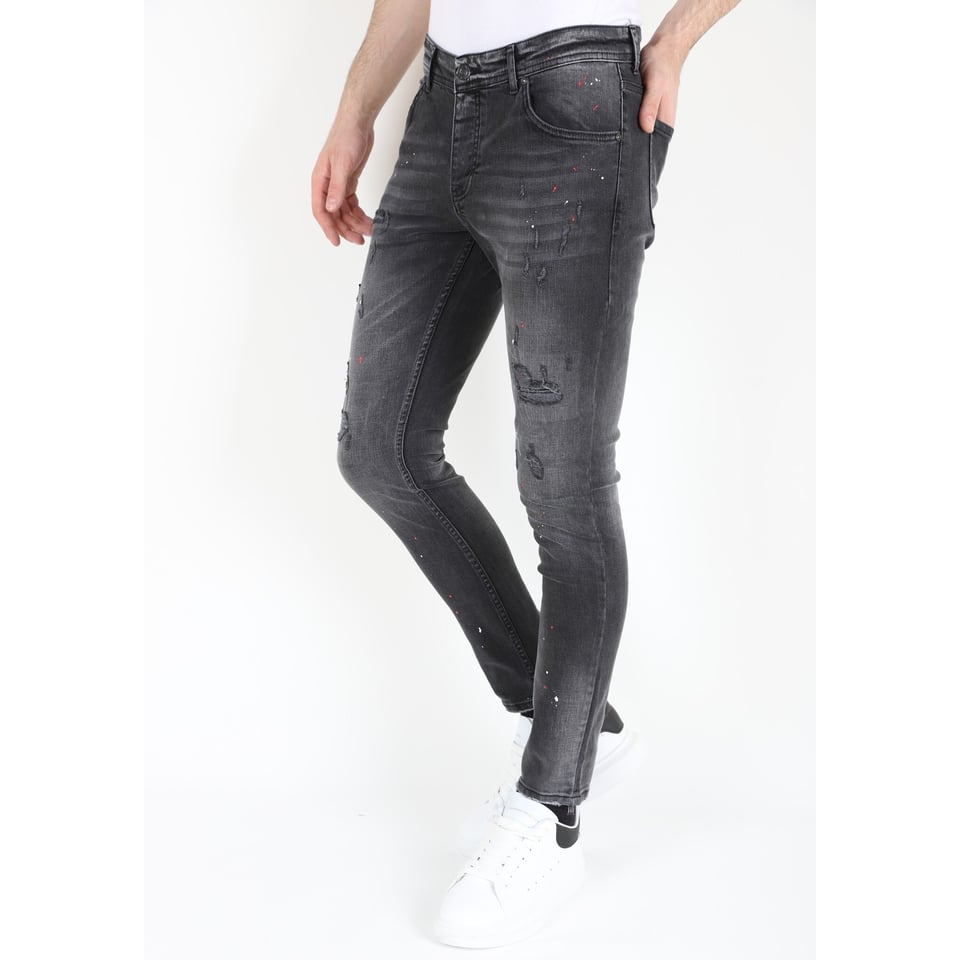 Heren Ripped Biker Jeans Met Verfspatten Slim-Fit -MM107- Zwart