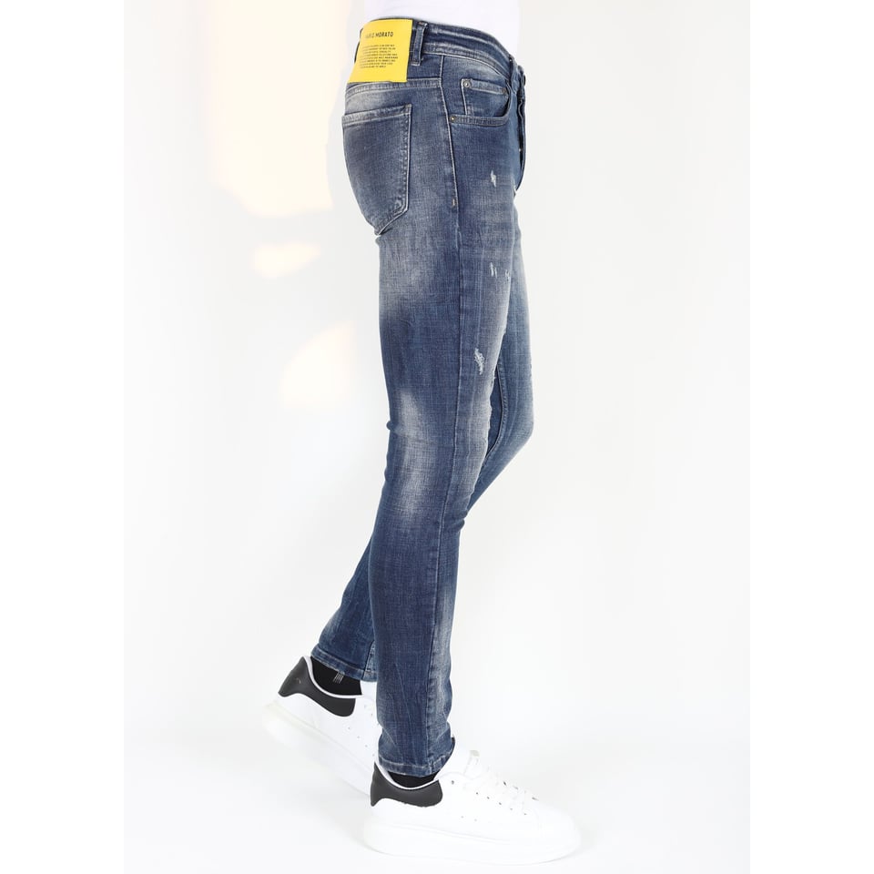 Stonewashed Slim Fit Mannen Spijkerbroek Met Scheuren -MM121- Blauw