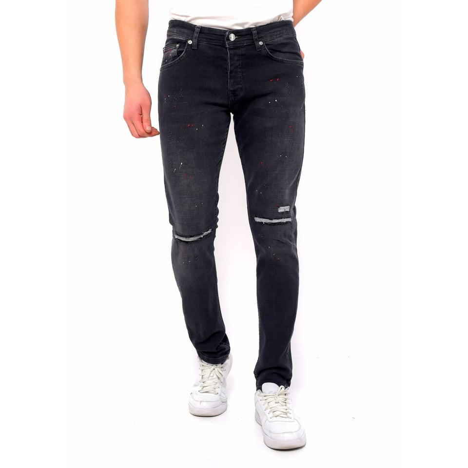 Ripped Heren Jeans Met Verfspatten Slim Fit -DC-040- Zwart