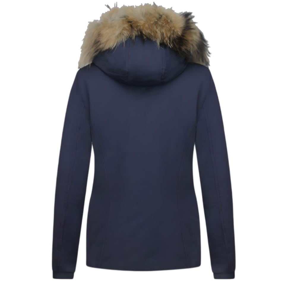 Bontjassen - Dames Winterjas Wooly Kort - Grote Bontkraag - Blauw