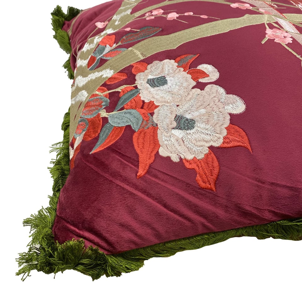 Sierkussen Vogels Bordeaux Fluweel Groene Franjes 50x50cm