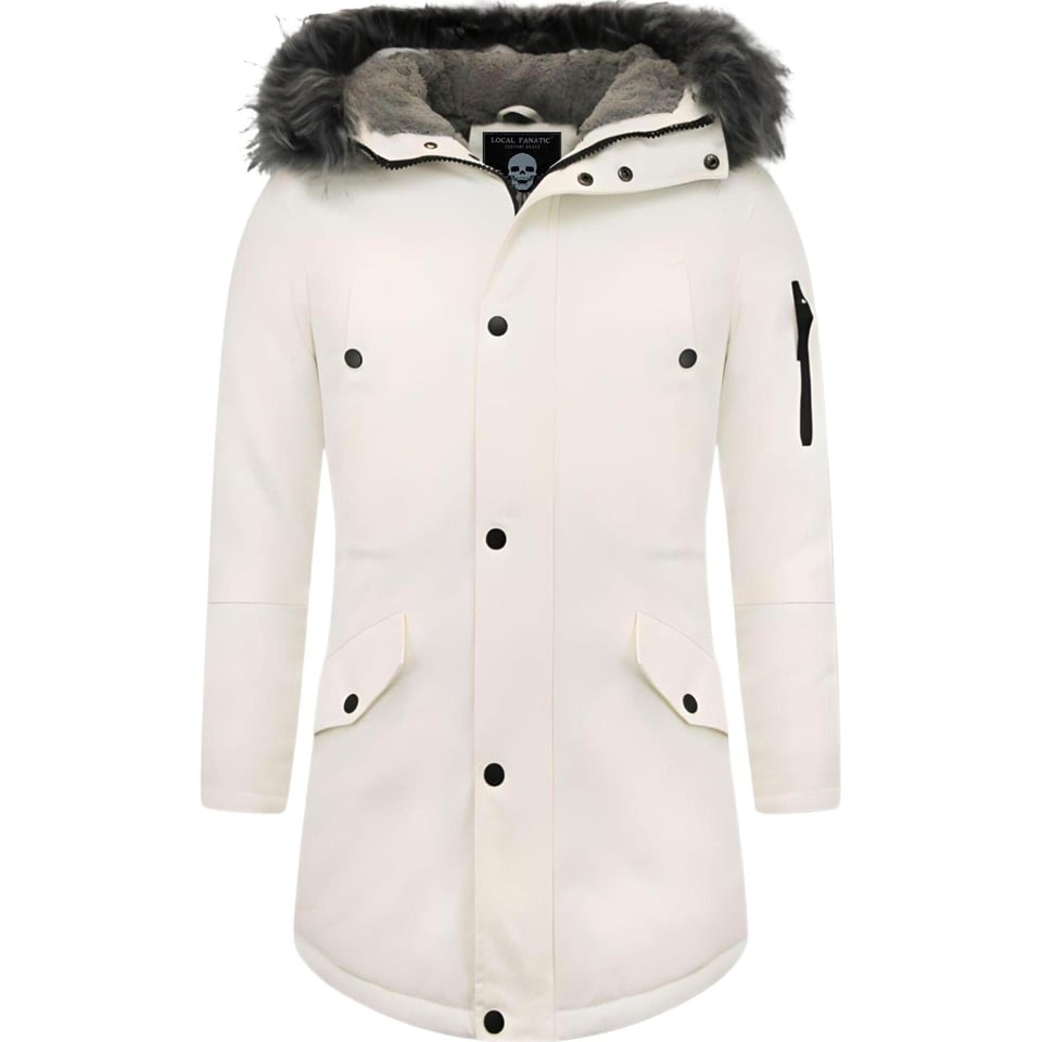 Lange Heren Winterjas Met Nep Bontkraag Wit