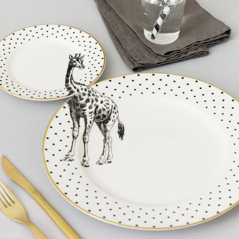 Yvonne Ellen Mono Set Van Dinerbord en Taartbord Zwart-Wit-Goud Met Giraffe