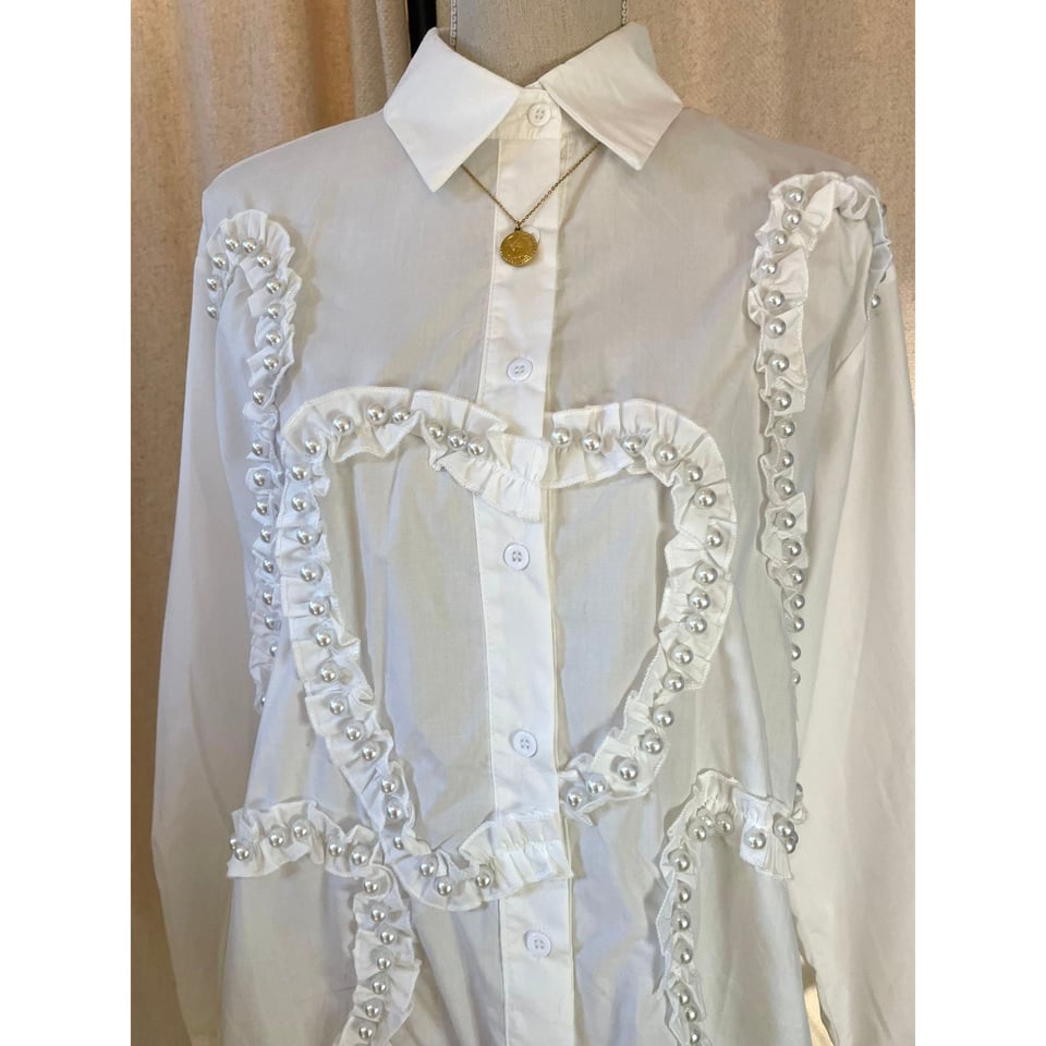 Poplin Pearl Blouse - White hearts - OneSize