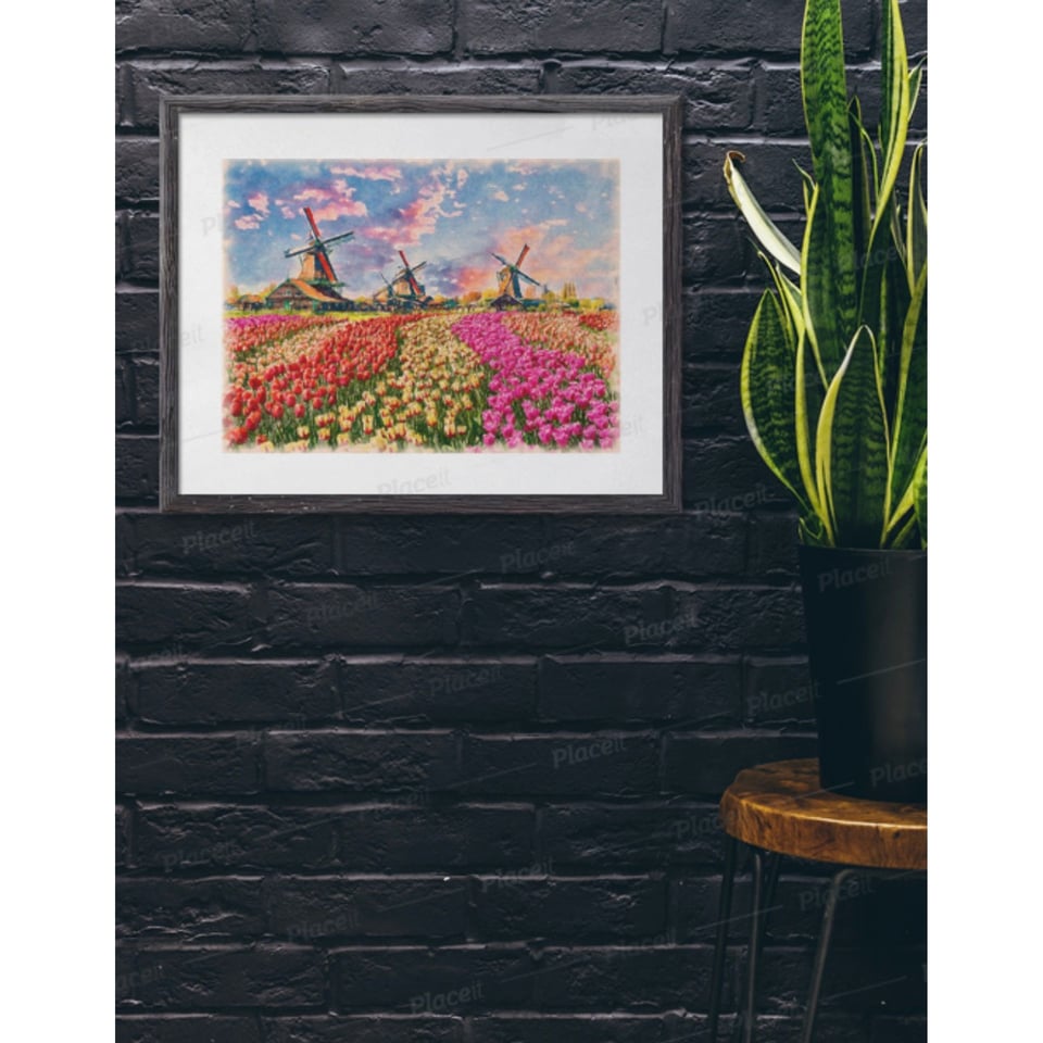 Dutch Landscape Poster - Windmill & Tulip Fields