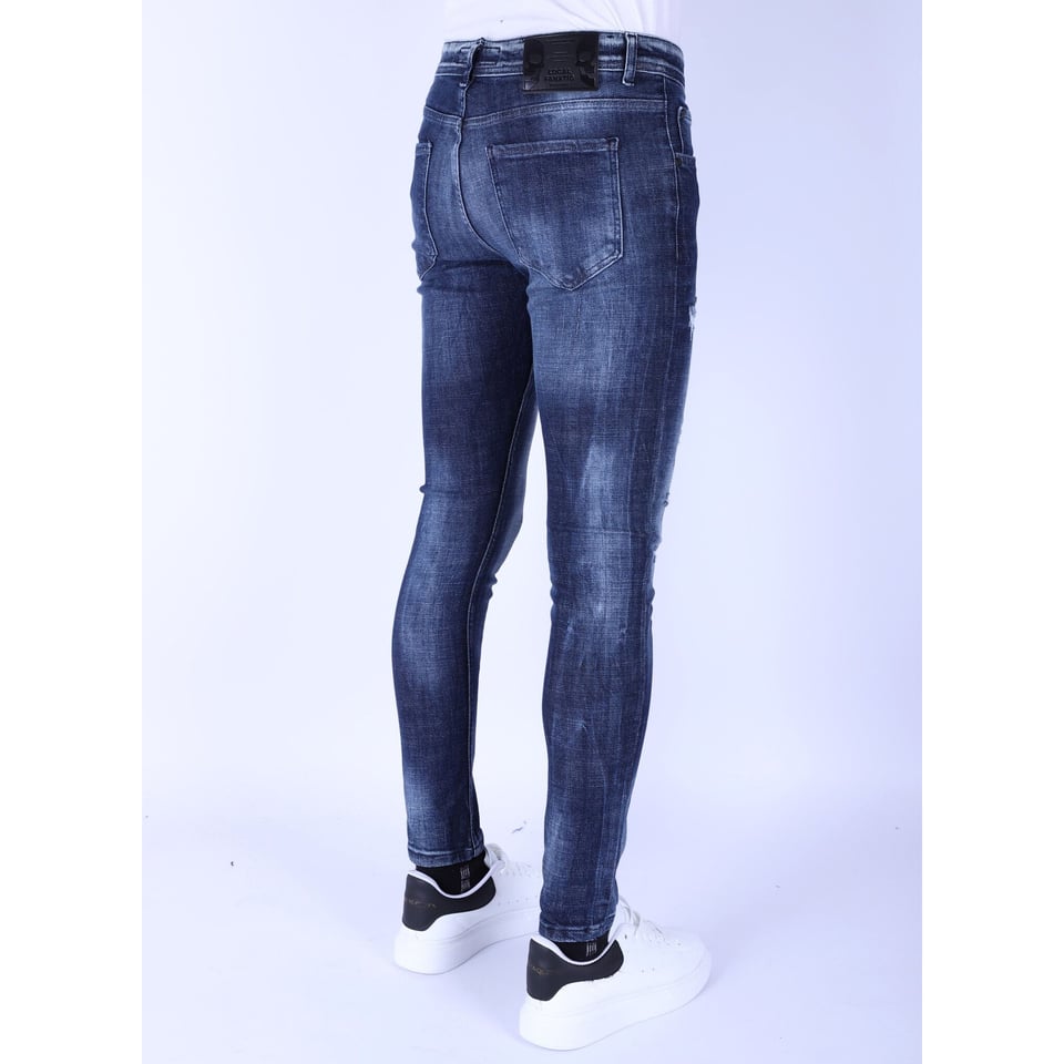 Donkerblauwe Slim Fit Heren Jeans Met Gaten - 1101 - Blauw