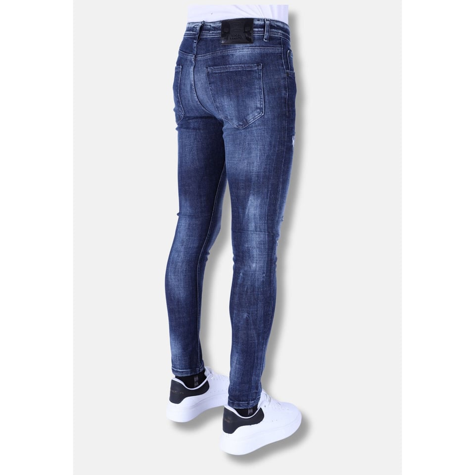 Donkerblauwe Slim Fit Heren Jeans Met Gaten - 1101 - Blauw
