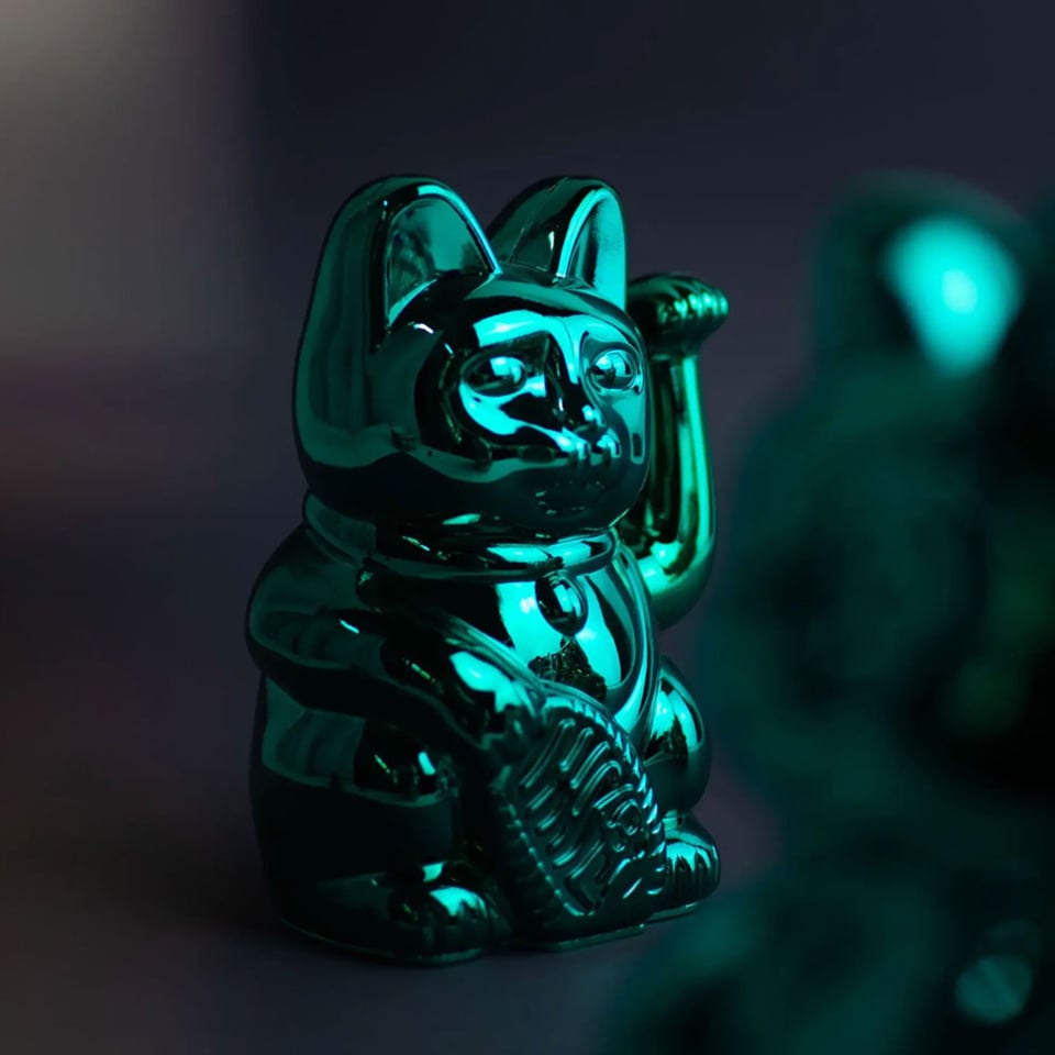 Lucky Cat Cosmic Shiny Teal Metallic 10x15cm in Cadeau Doos