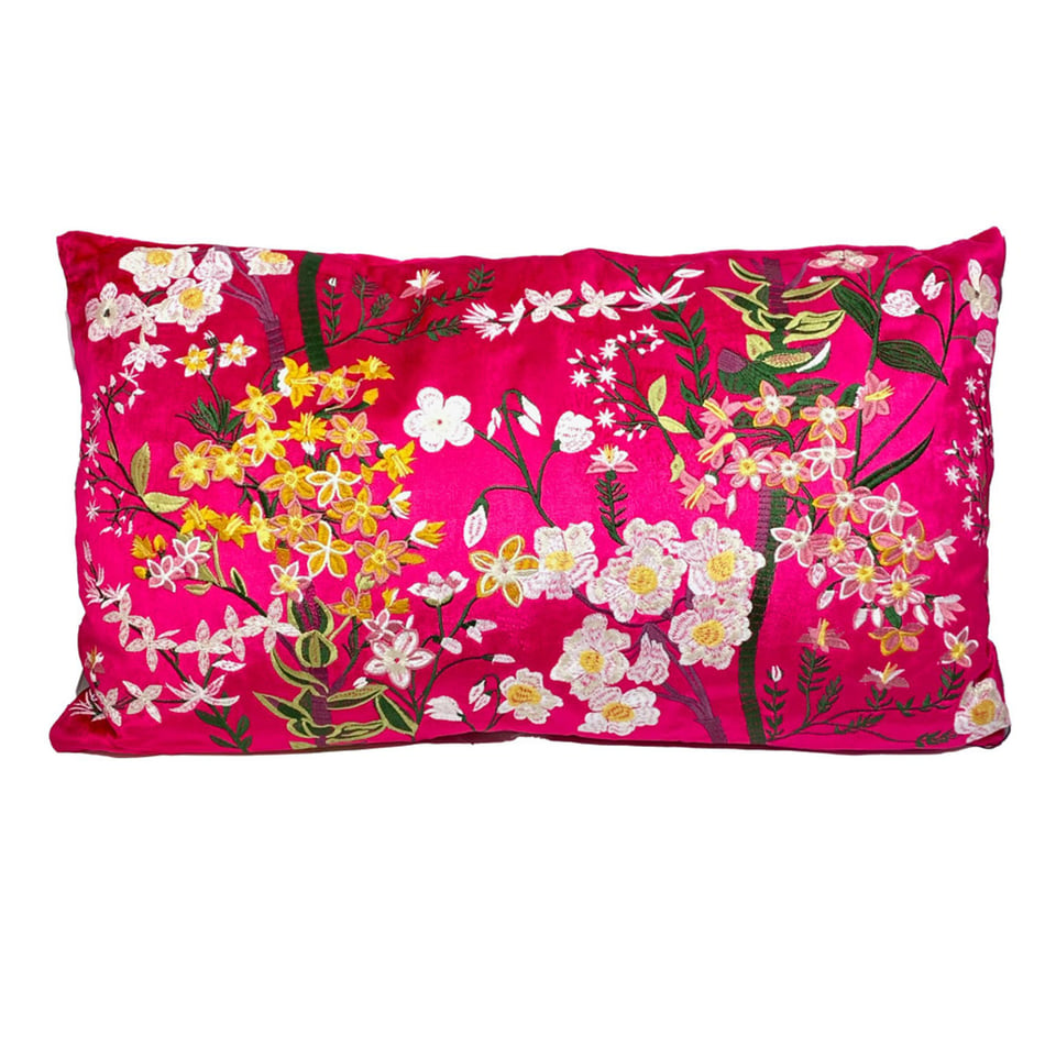 Sierkussen Bloemen Fuchsia Multicolor Velours 60x35cm