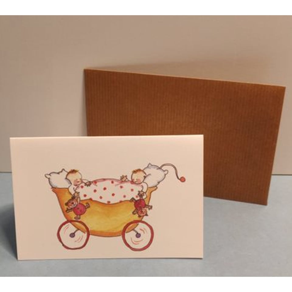 Birgitta Cards Dubbele Kaart Geboorte Kaartje Tweeling Yellow Pram