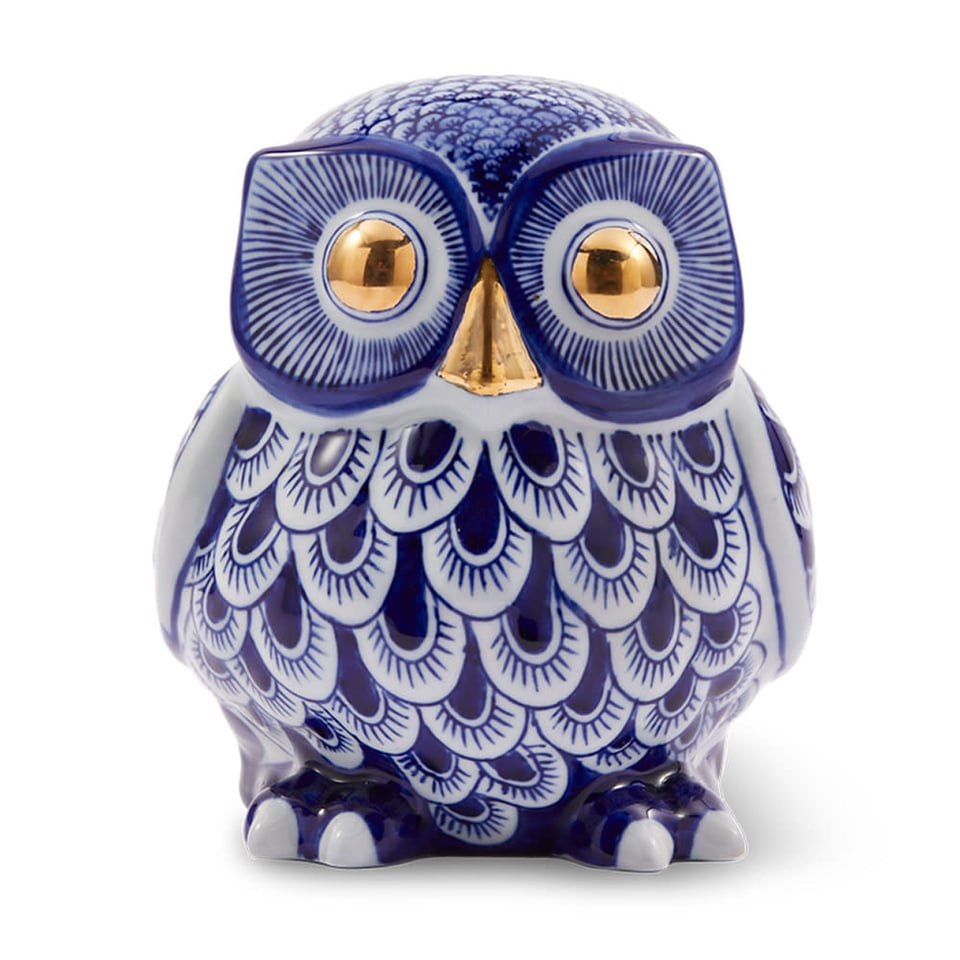 Beeld Spaarpot Uil Blauw Goud Porselein 18x20cm